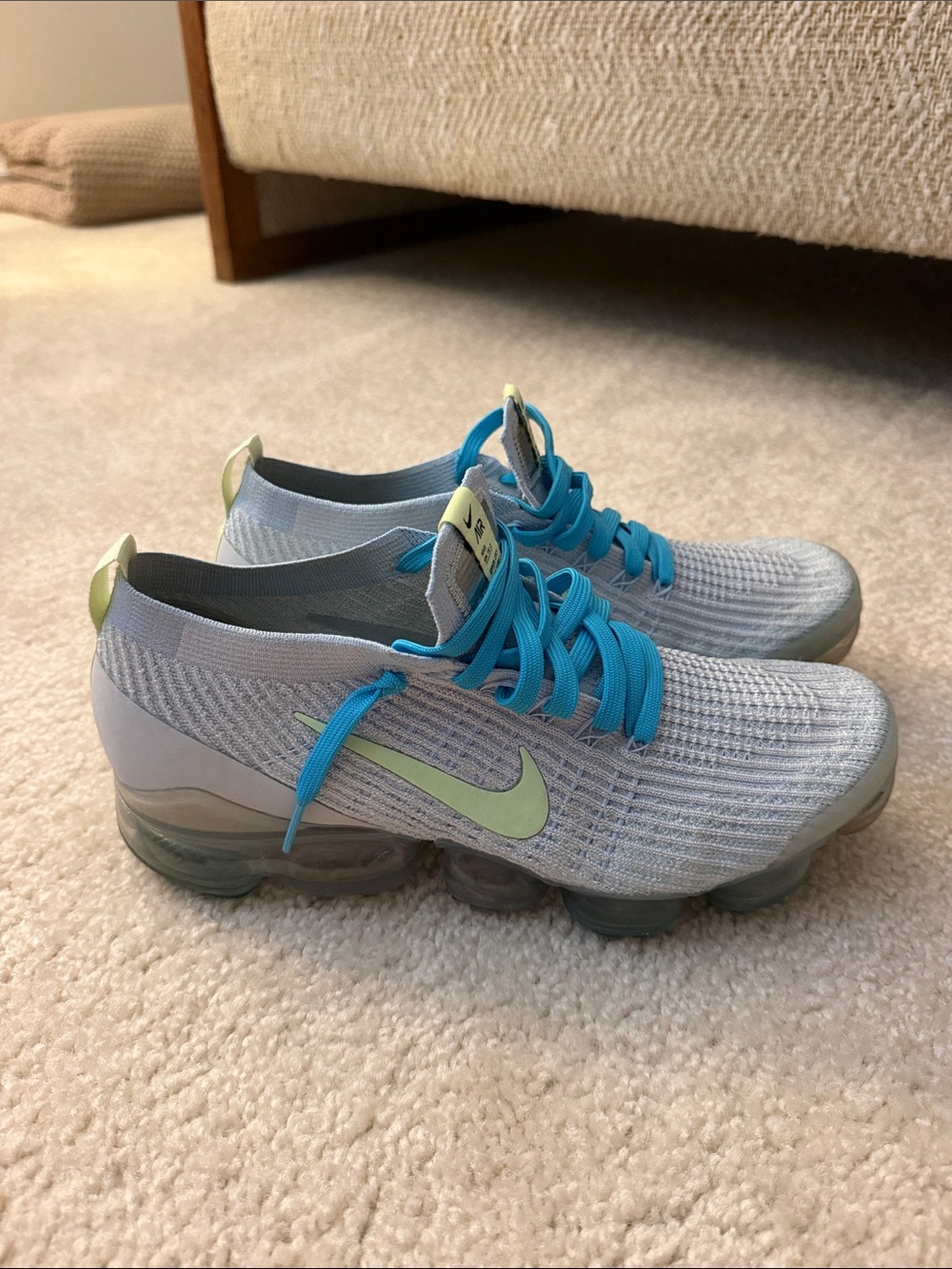 Nike Women’s Air VaporMax Flyknit Sneakers - Light Gray with Blue Laces